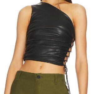 MORE TO COME Kissa One Shoulder Top Black Faux Leather Lace Side REVOLVE Tank